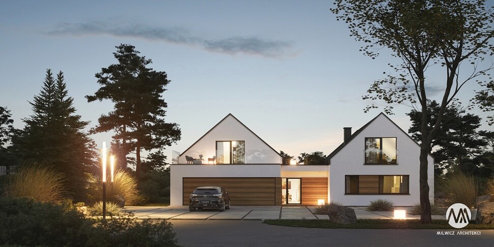 projekt domu jednorodzinnego, dom jednorodzinny z poddaszem użytkowym, projekty gotowe, nowoczesna stodoła, nowoczesna architektura, stodoła z dużymi przeszkleniami, dom z garażem
