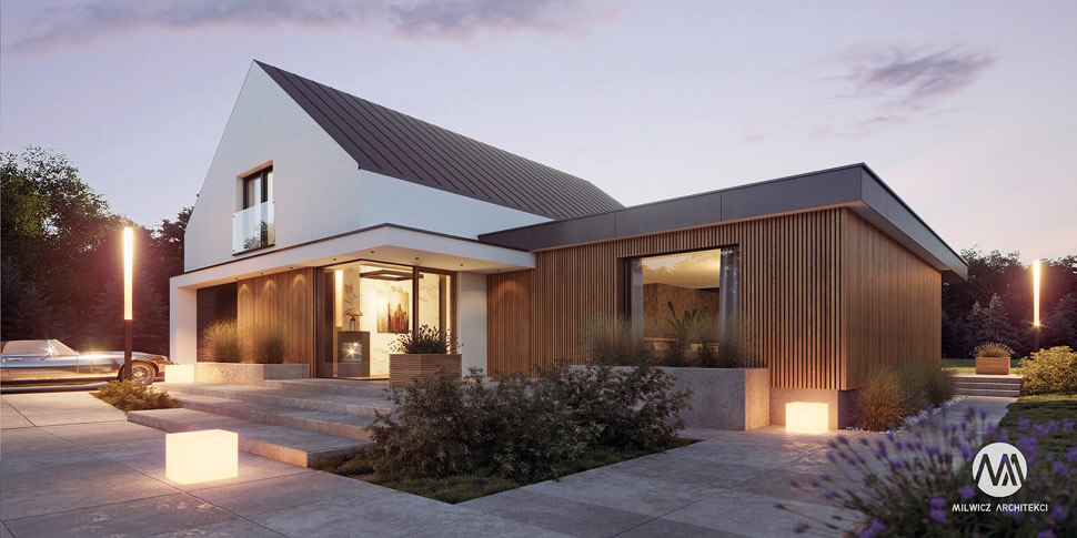 projekt domu jednorodzinnego, dom jednorodzinny z poddaszem użytkowym, projekty gotowe, nowoczesna stodoła, nowoczesna architektura, stodoła z dużymi przeszkleniami