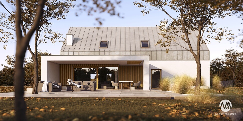 D126, projekt domu jednorodzinnego, dom jednorodzinny z poddaszem użytkowym, projekty gotowe, nowoczesna stodoła, nowoczesna architektura, stodoła z dużymi przeszkleniami