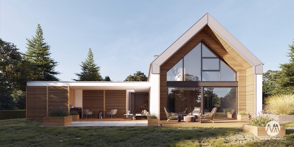 projekt domu jednorodzinnego, dom jednorodzinny z poddaszem użytkowym, projekty gotowe, nowoczesna stodoła, nowoczesna architektura, stodoła z dużymi przeszkleniami, rozbudowa