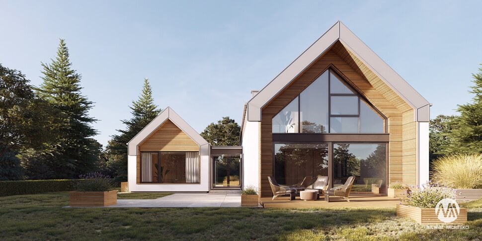 projekt domu jednorodzinnego, dom jednorodzinny z poddaszem użytkowym, projekty gotowe, nowoczesna stodoła, nowoczesna architektura, stodoła z dużymi przeszkleniami, rozbudowa