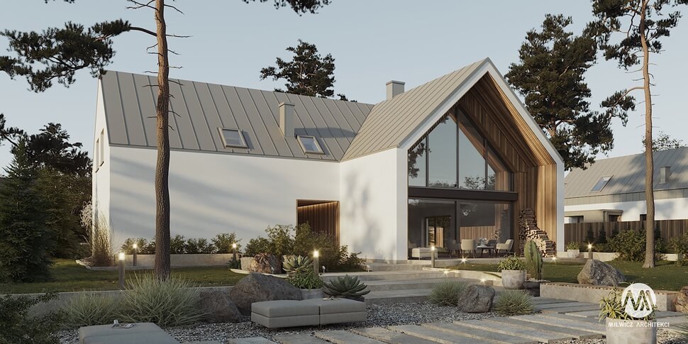 projekt domu jednorodzinnego, dom jednorodzinny z poddaszem użytkowym, projekty gotowe, nowoczesna stodoła, nowoczesna architektura, stodoła z dużymi przeszkleniami