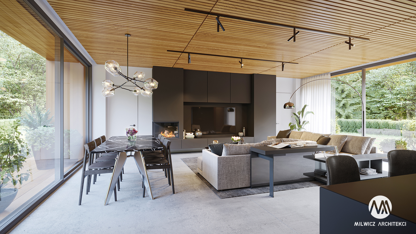 projekt D125v2, projekt wnętrz, minimalizm, nowoczesny salon, sufit drewniany