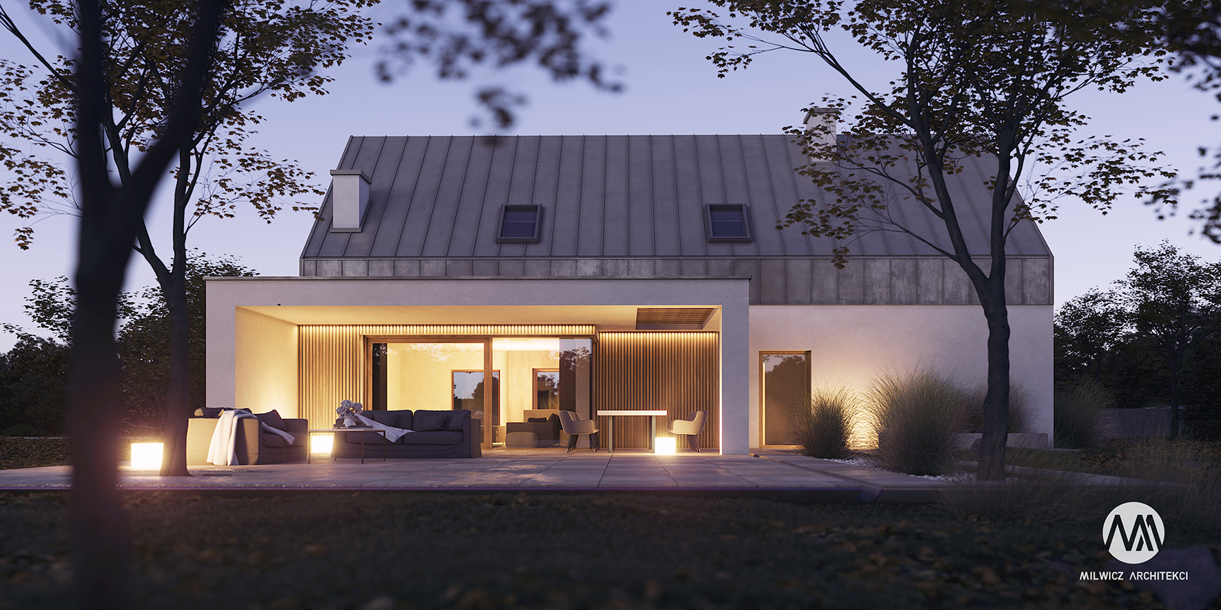 projekt D126, taras zadaszony, nowoczesna stodoła, projekt gotowy, nowoczesna architektura