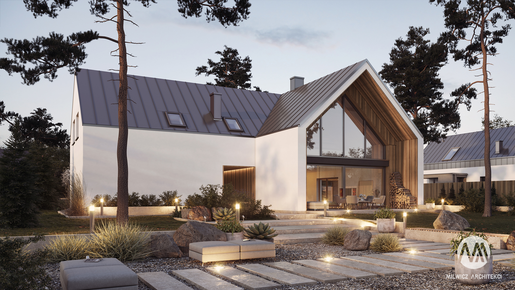 D144\161, projekt gotowy, nowoczesna stodoła, nowoczesna architektura, energooszczędny, ekonomiczny, ekologiczny, budynek całoroczny, budynek pasywny, termoenergetyczny, modułowy, z rozbudową, przeszklona fasada, glamping, slowhop, dom pod miastem, projekt gotowy, wysoki salon, duże okna